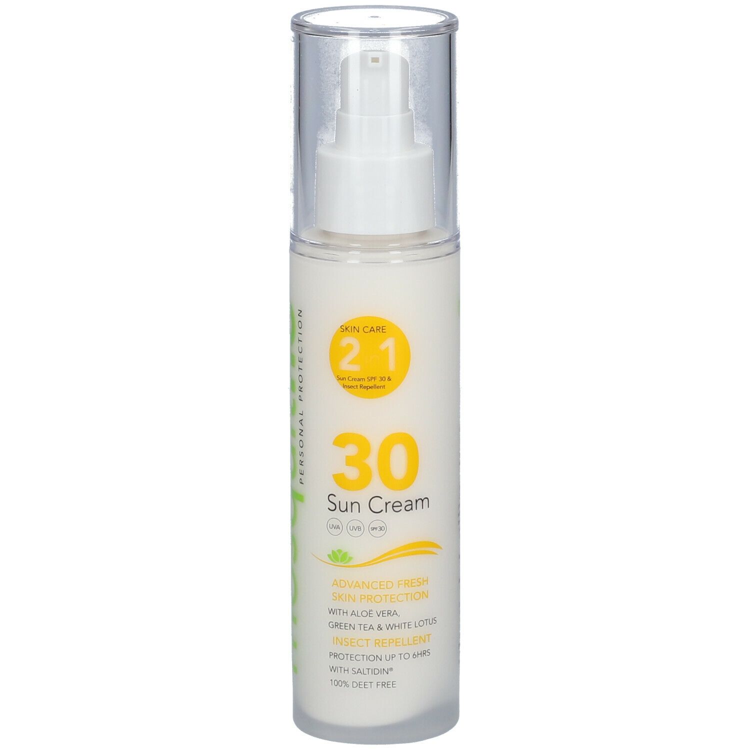 Flacon de crème solaire avec pompe. Inscription: 30 Sun Cream, 2 en 1 Skin Care, Advanced Fresh Skin Protection.