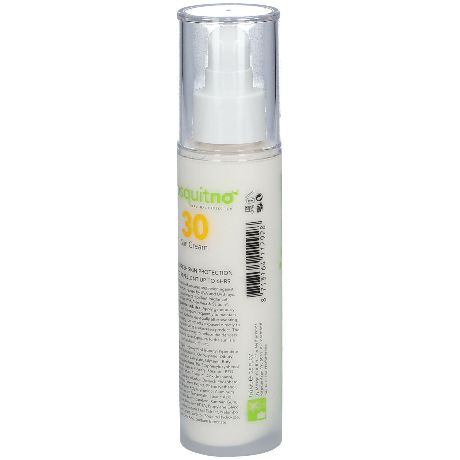 Flacon Mosquitno avec pompe. Dos avec code-barres et texte. Inscription: 30 Sun Cream, Insect Repellent.