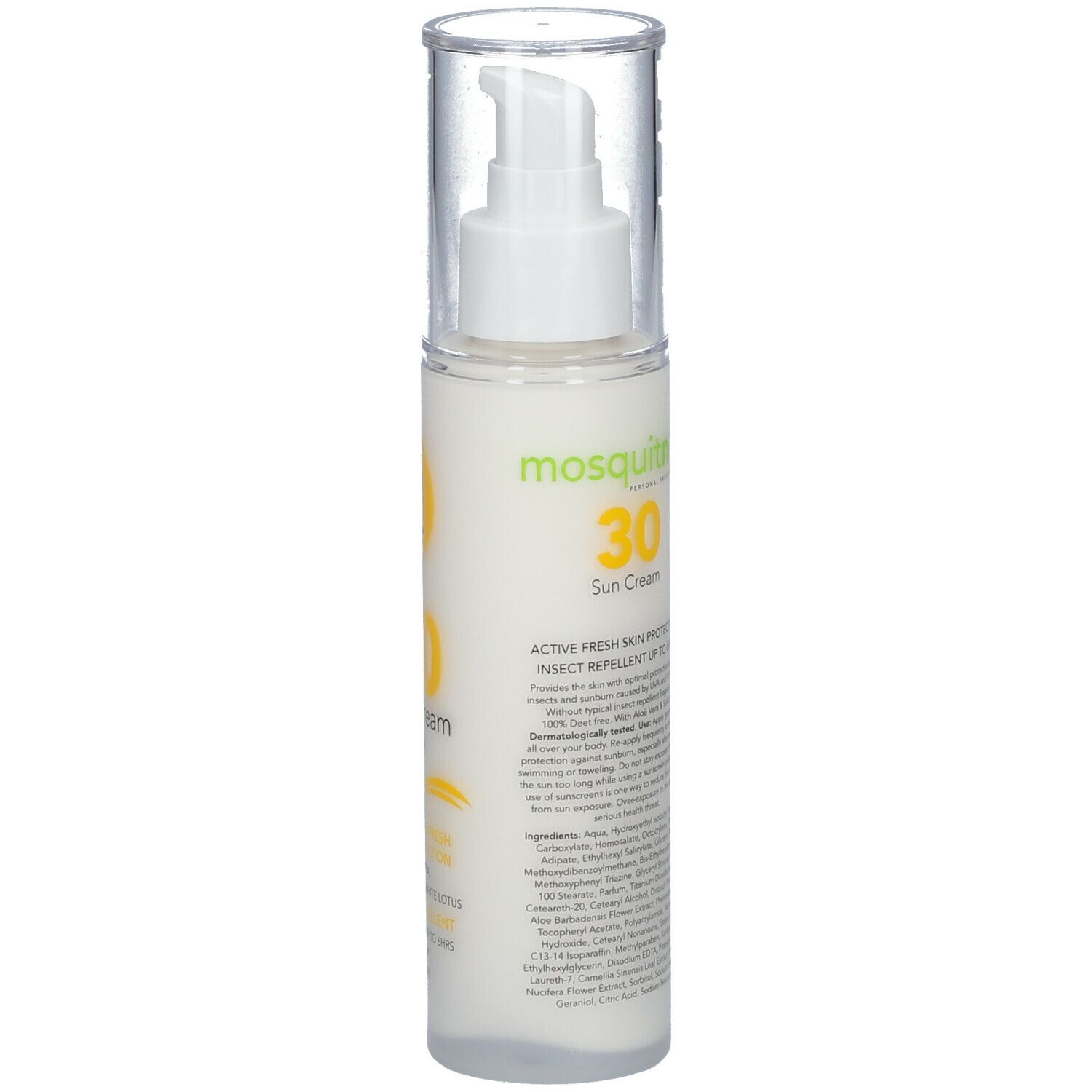 Flacon Mosquitno avec pompe. Dos avec texte. Inscription: 30 Sun Cream, Insect Repellent. Ingrédients.