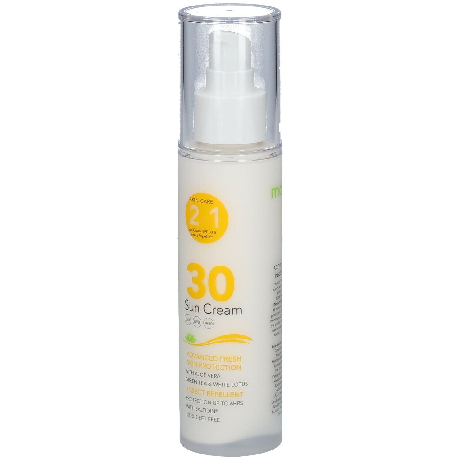 Flacon de crème solaire avec pompe. Inscription: 30 Sun Cream, 2 en 1 Skin Care, Advanced Fresh Skin Protection.