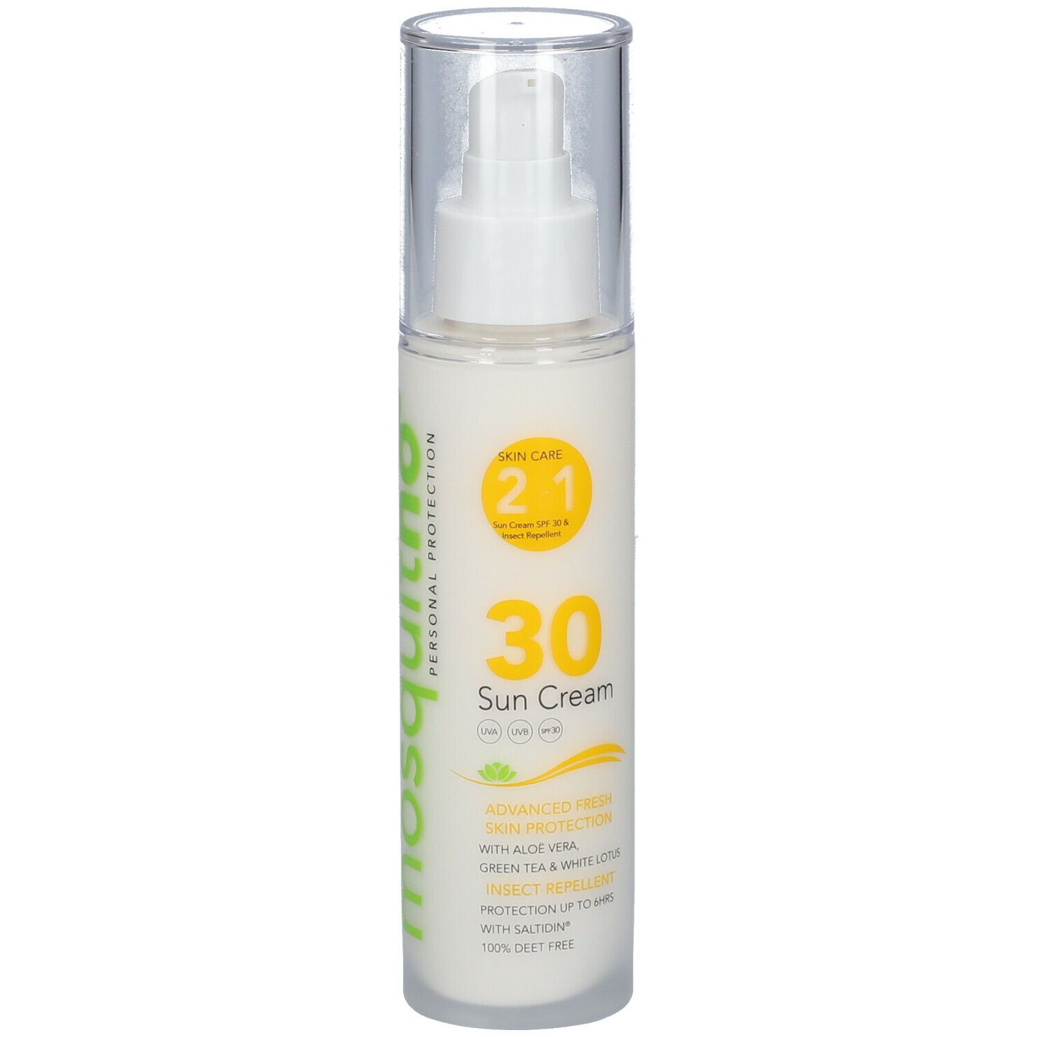 Flacon de crème solaire avec pompe. Inscription: Mosquitno, 30 Sun Cream, 2 en 1 Skin Care, Insect Repellent.