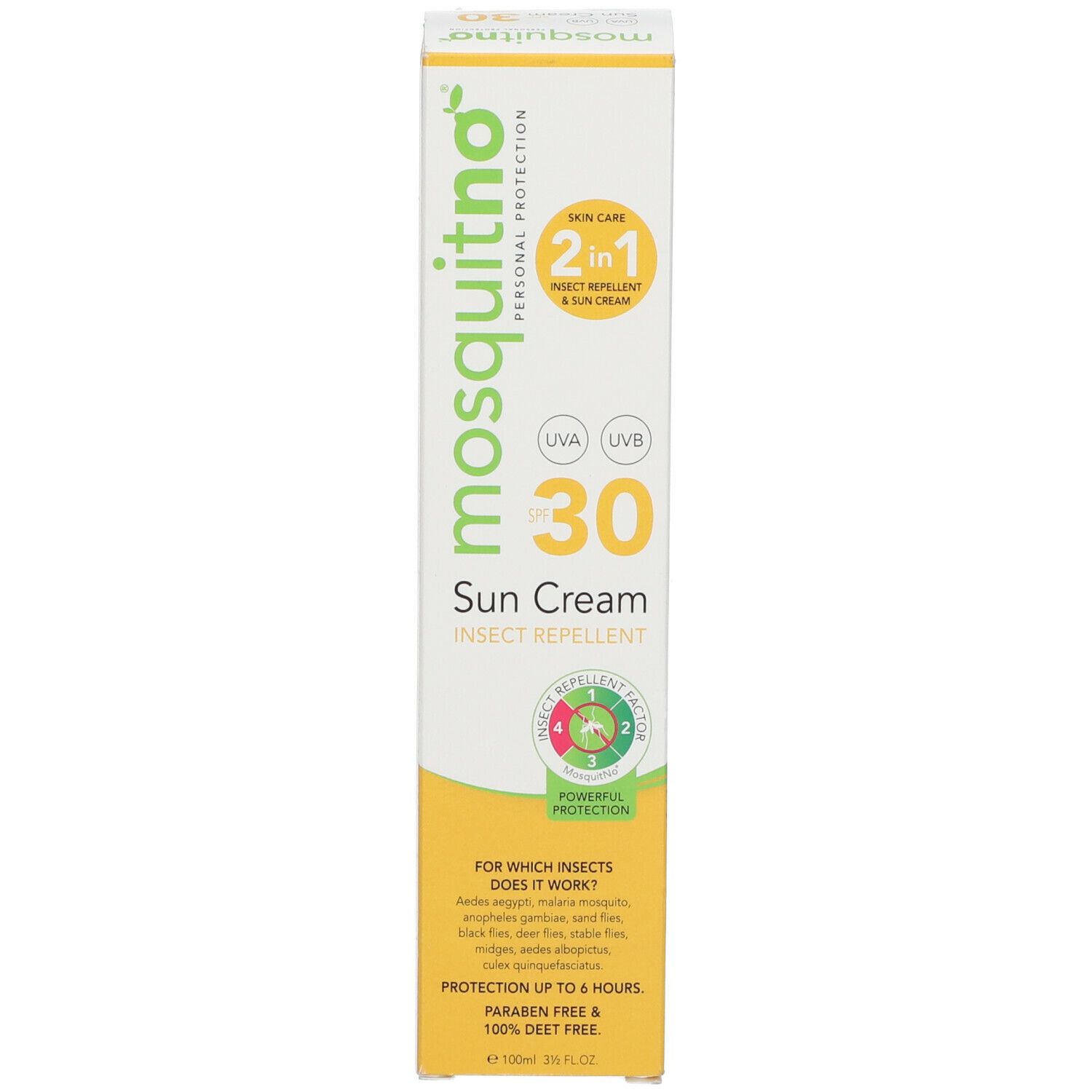 Emballage de crème solaire Mosquitno. Inscription: Mosquitno, 30 Sun Cream, Insect Repellent, 2 en 1 Skin Care.