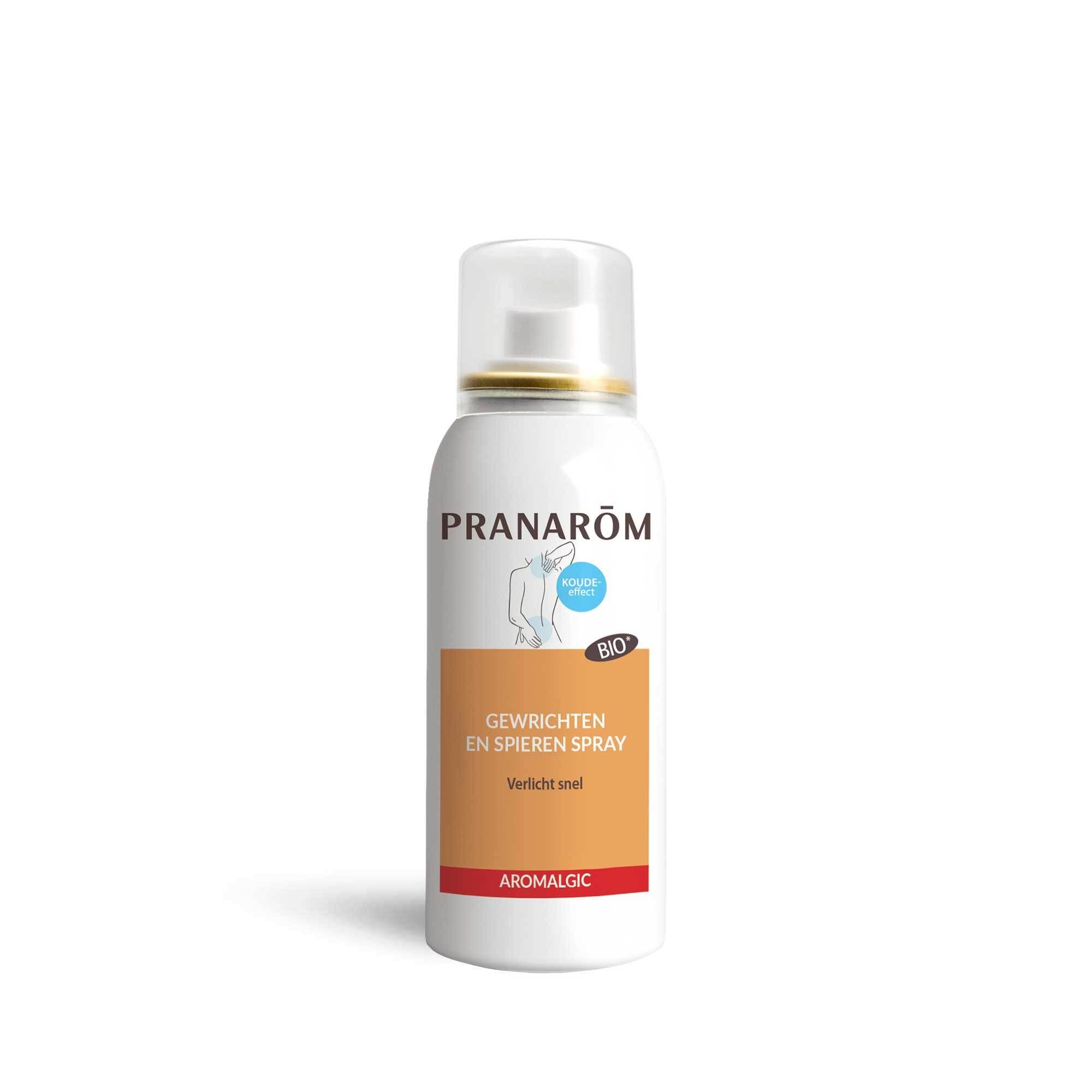 Witte spray van PRANAROM. Opschrift: Spray Articulations et Muscles. BIO-certificering. Aromalgic.
