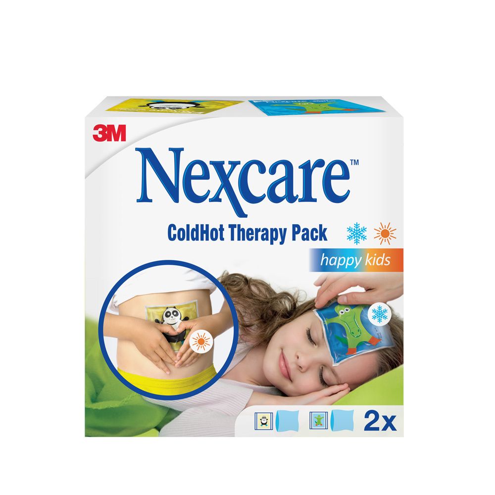 Emballage Nexcare ColdHot Therapy Pack Happy Kids. Contient deux coussins chauffants/froids avec des motifs animaux.