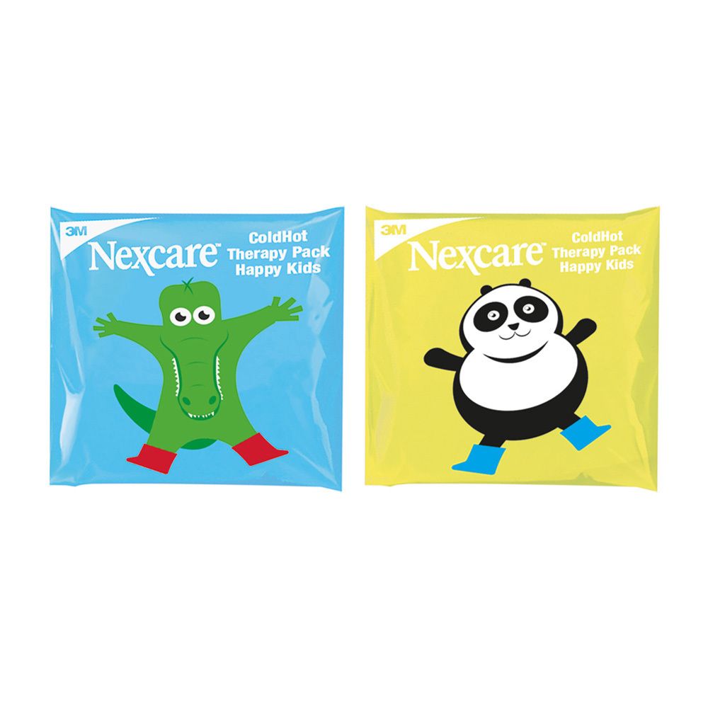 Nexcare ColdHot Therapy Pack Happy Kids. Verpakking met twee gelpacks. Kind met pack op buik en voorhoofd.