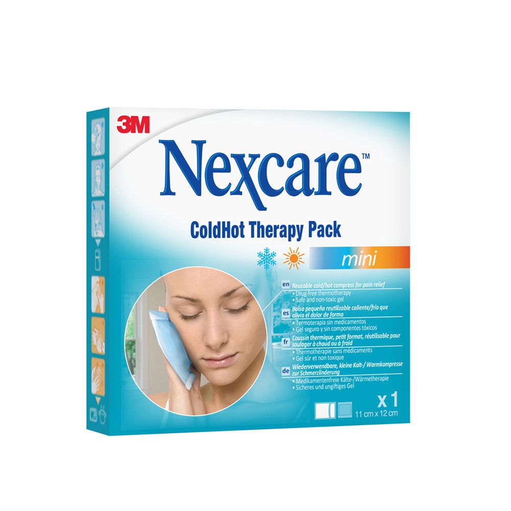 Verpakking van 3M Nexcare ColdHot Therapy Pack Mini. Productafbeelding en afmetingen: 11 cm x 12 cm.