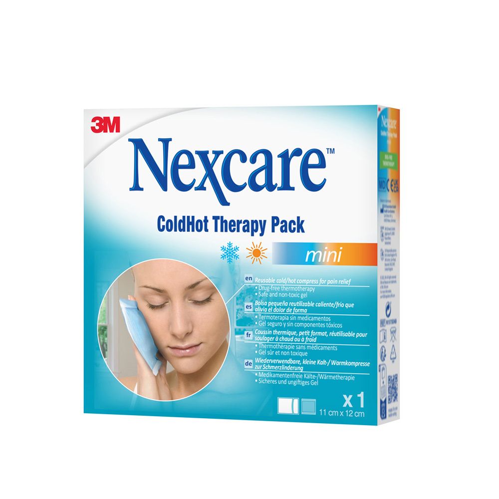 Dos de la boîte 3M Nexcare ColdHot Mini. Texte en plusieurs langues. Informations sur le produit.