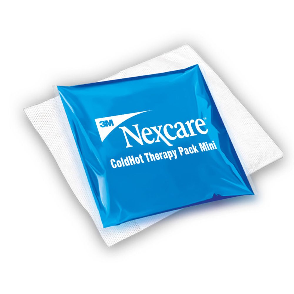 Verpakking van 3M Nexcare ColdHot Therapy Pack Mini. Productafbeelding en afmetingen: 11 cm x 12 cm.