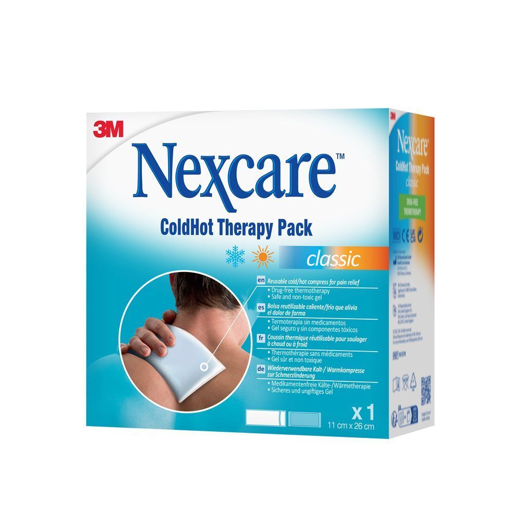 3M Nexcare ColdHot Therapy Pack. Verso de l'emballage avec texte en plusieurs langues.
