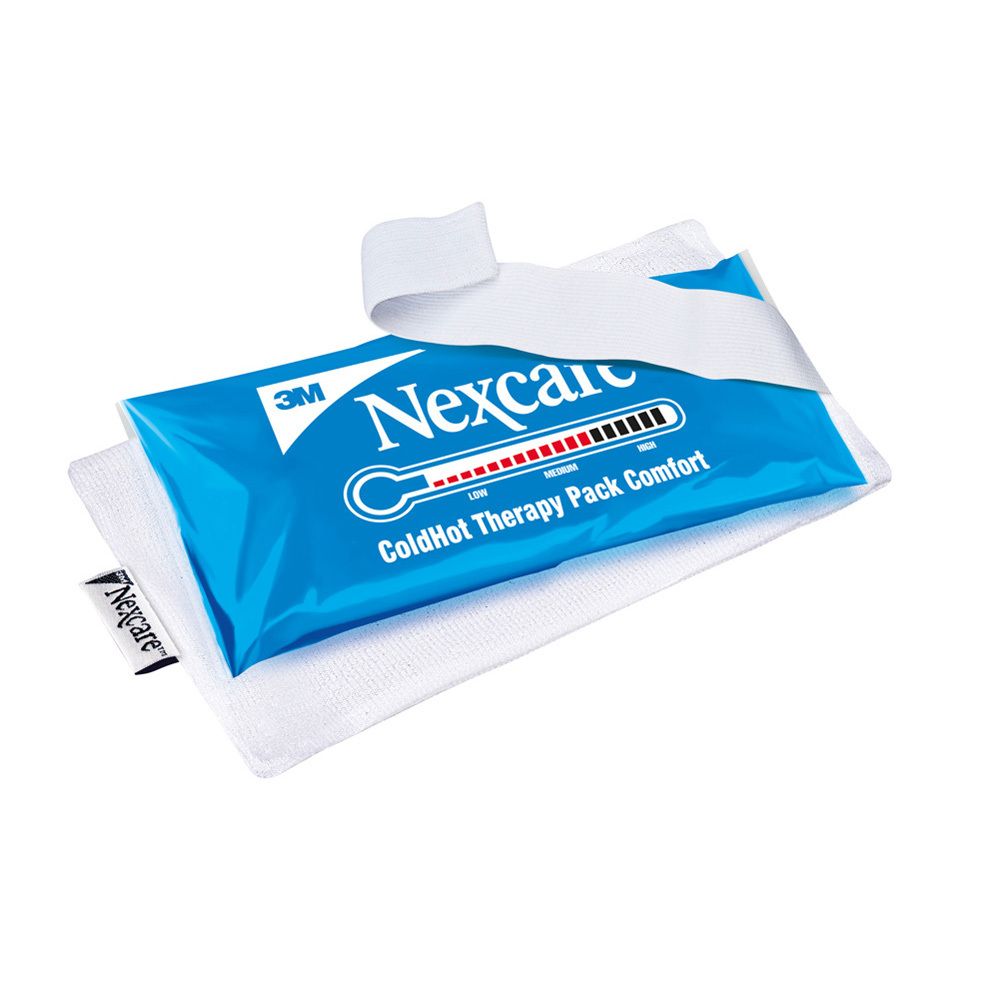 Verpakking 3M Nexcare ColdHot Therapy Pack Comfort. Productafbeelding, thermometer-indicator, meertalige tekst.