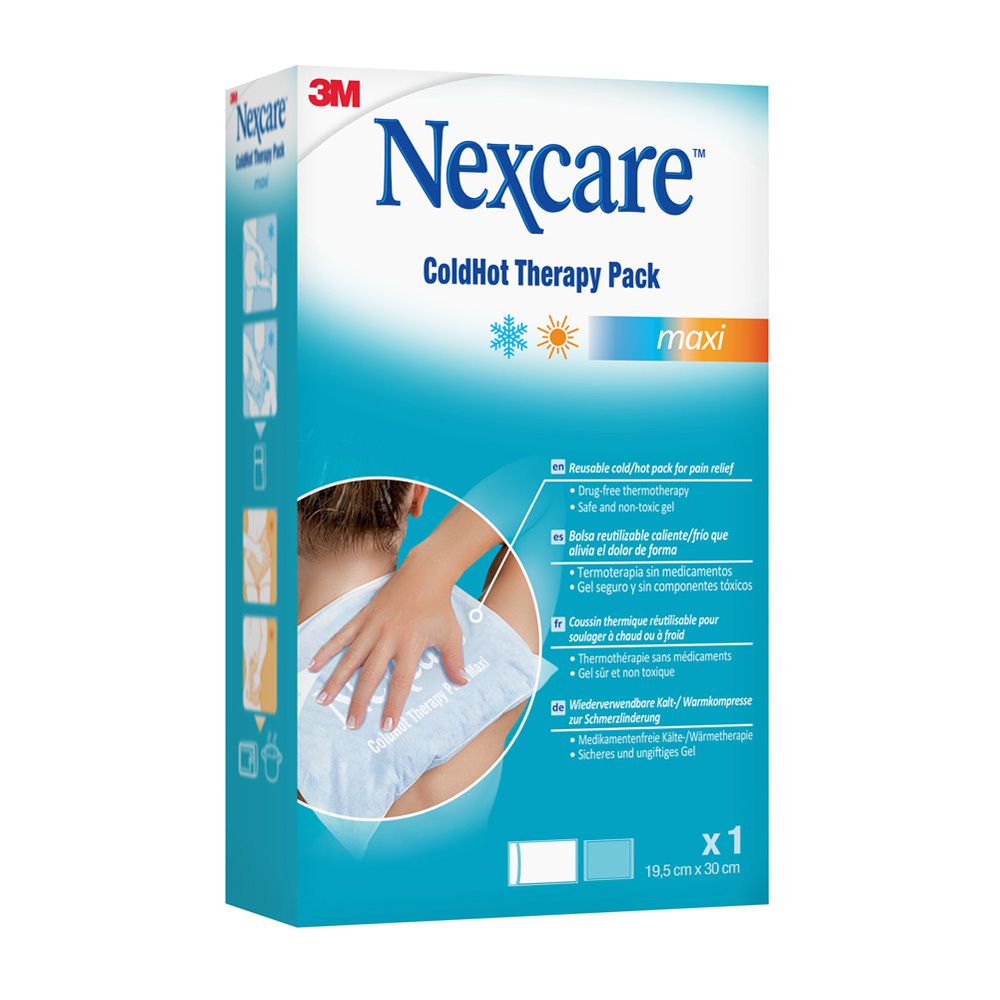 Verpakking van Nexcare ColdHot Therapy Pack Maxi. Blauwe verpakking met naam en logo. Persoon houdt de verpakking op de rug.