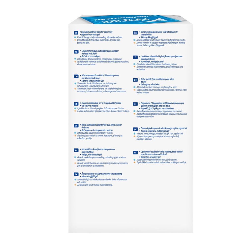 Achterkant van de verpakking van Nexcare ColdHot Therapy Pack Maxi. Tekst in meerdere talen. Bevat informatie over het product.
