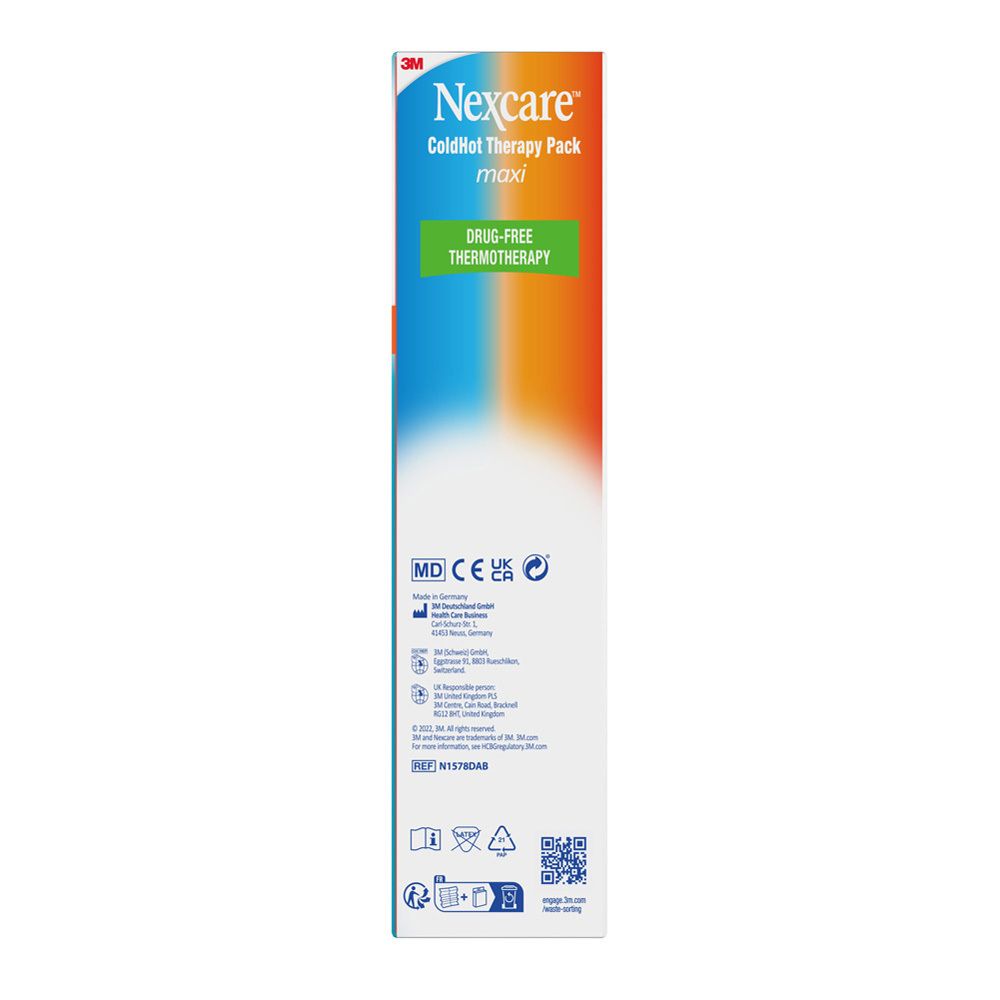 Zijkant van de verpakking van Nexcare ColdHot Therapy Pack Maxi. Productnaam, logo en certificeringen. Bevat informatie.