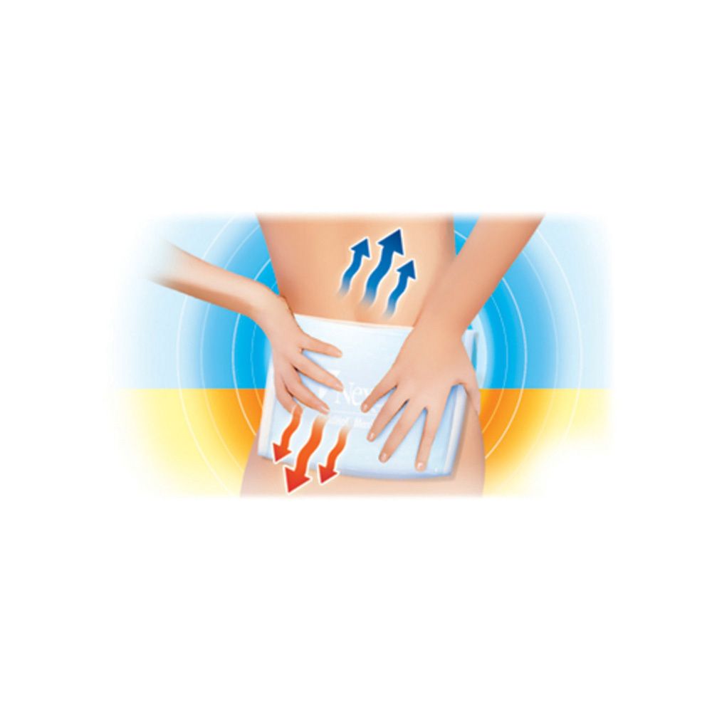 Emballage Nexcare ColdHot Therapy Pack Maxi. Emballage bleu avec nom et logo. Personne tenant le pack sur le dos.