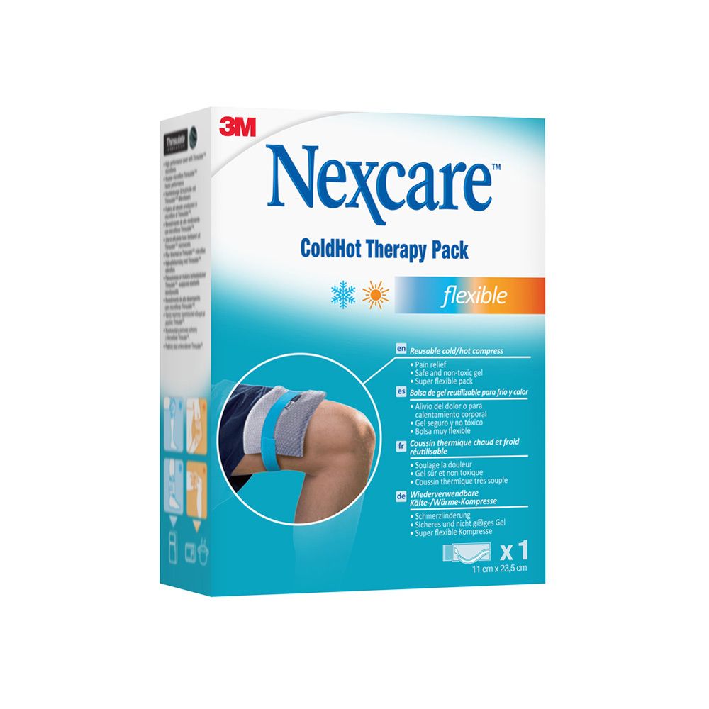 Verpakking Nexcare ColdHot Therapy Pack. Herbruikbaar koud/warm kompres. Afmetingen: 11 x 23,5 cm.