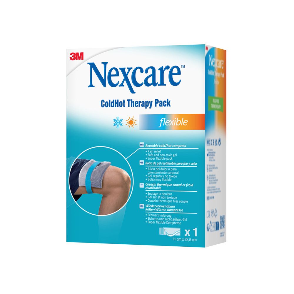 Verpakking Nexcare ColdHot Therapy Pack. Herbruikbaar koud/warm kompres. Afmetingen: 11 x 23,5 cm.
