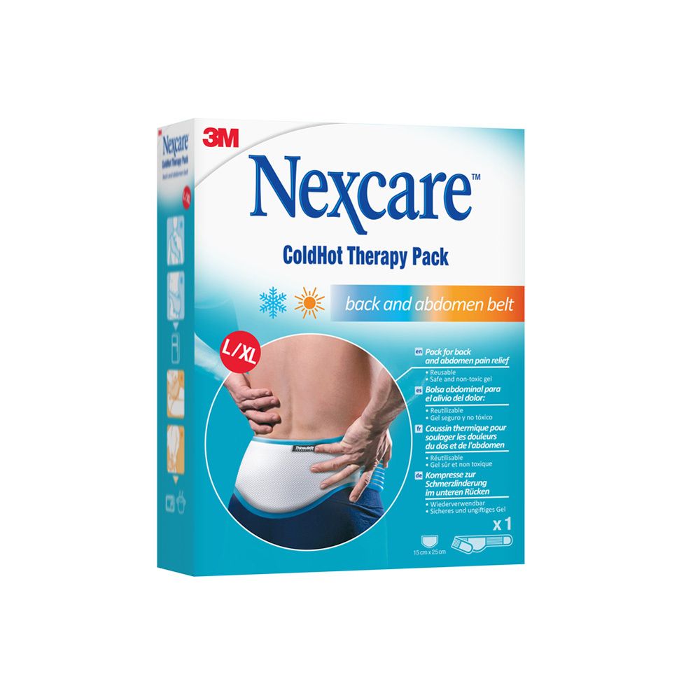 Verpakking Nexcare ColdHot rug- en buikband. Maat L/XL. Product afgebeeld met band op de rug. Tekst: back and abdomen belt.