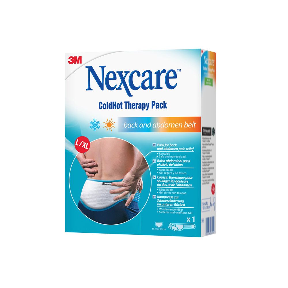 Verpakking Nexcare ColdHot rug- en buikband. Maat L/XL. Product afgebeeld met band op de rug. Tekst: back and abdomen belt.