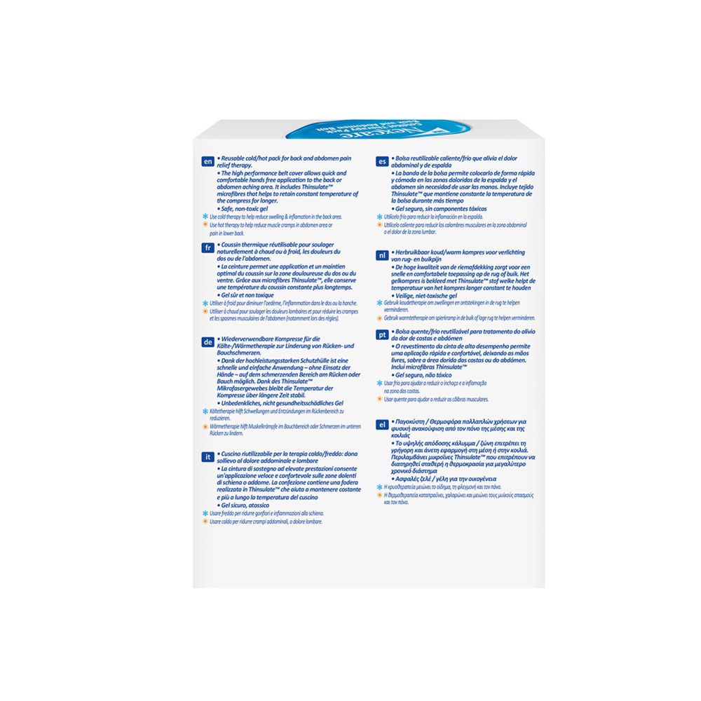 Achterkant van de verpakking Nexcare ColdHot rug- en buikband. Meertalige tekst. Productinformatie.
