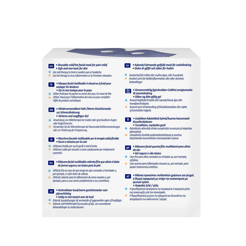 Emballage Nexcare ColdHot Therapy Pack. Masque facial bleu sur l'emballage.