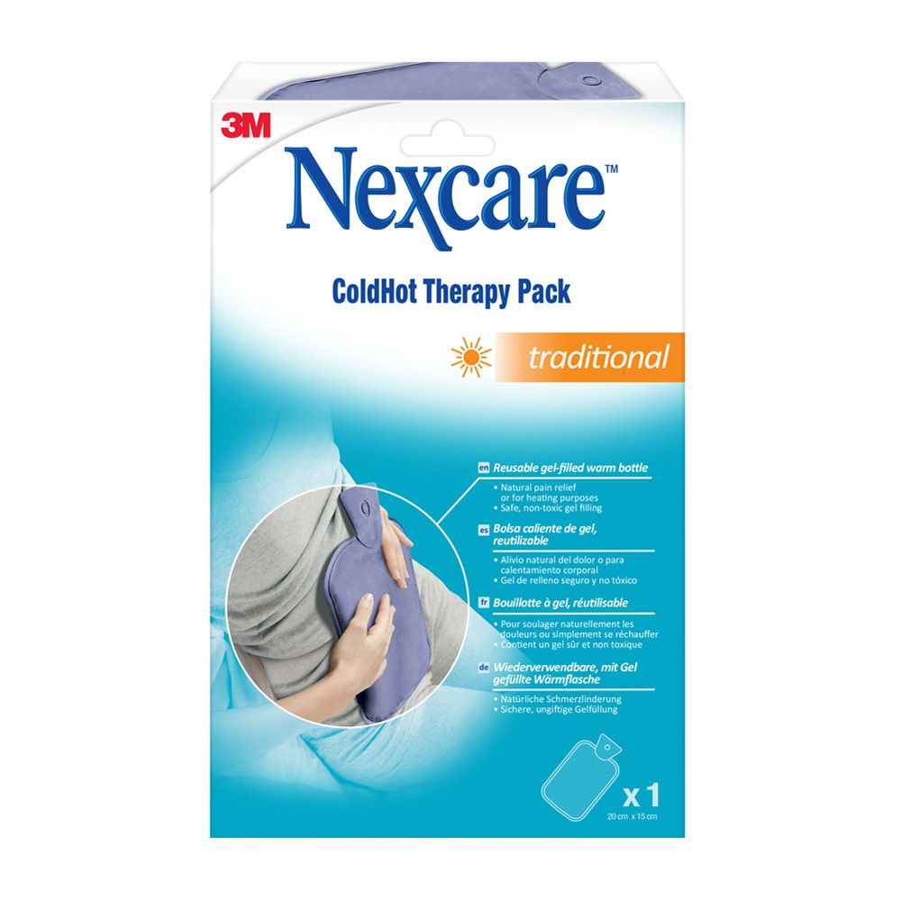 Verpakking 3M Nexcare ColdHot Therapy Pack. Blauwe warmwaterkruik, traditioneel. Productafbeelding en meertalige tekst.