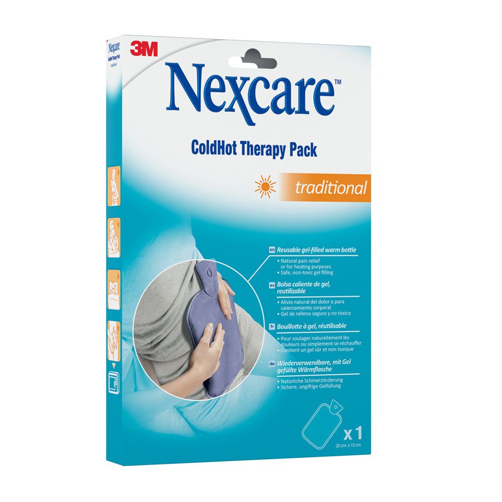 Verpakking 3M Nexcare ColdHot Therapy Pack. Blauwe warmwaterkruik, traditioneel. Productafbeelding en meertalige tekst.