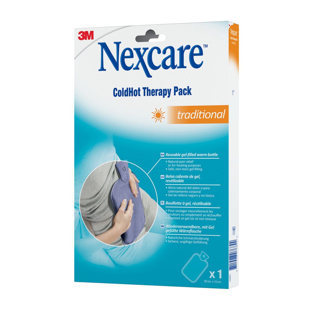 Verpakking 3M Nexcare ColdHot Therapy Pack. Blauwe warmwaterkruik, traditioneel. Productafbeelding en meertalige tekst.