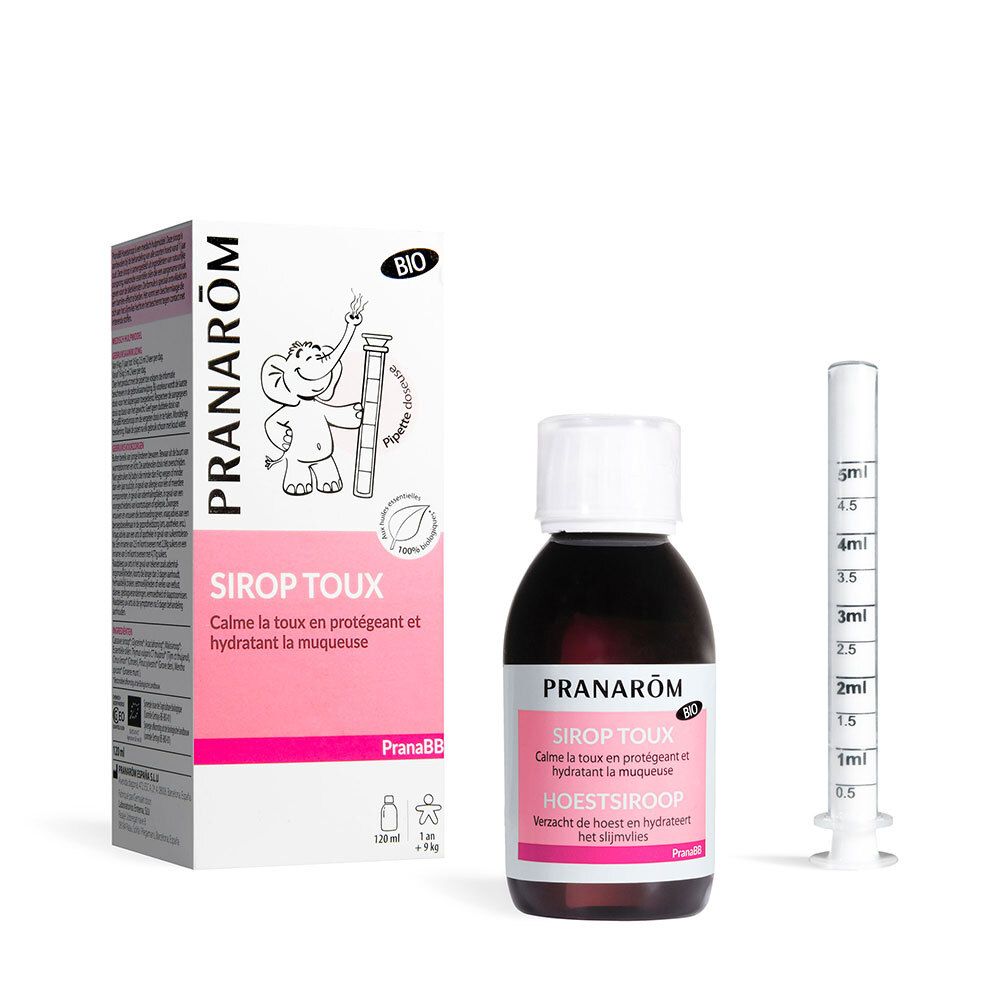 PranaBB Sirop Toux, fles en verpakking. Bevat een pipet. Roze en witte verpakking met productnaam.