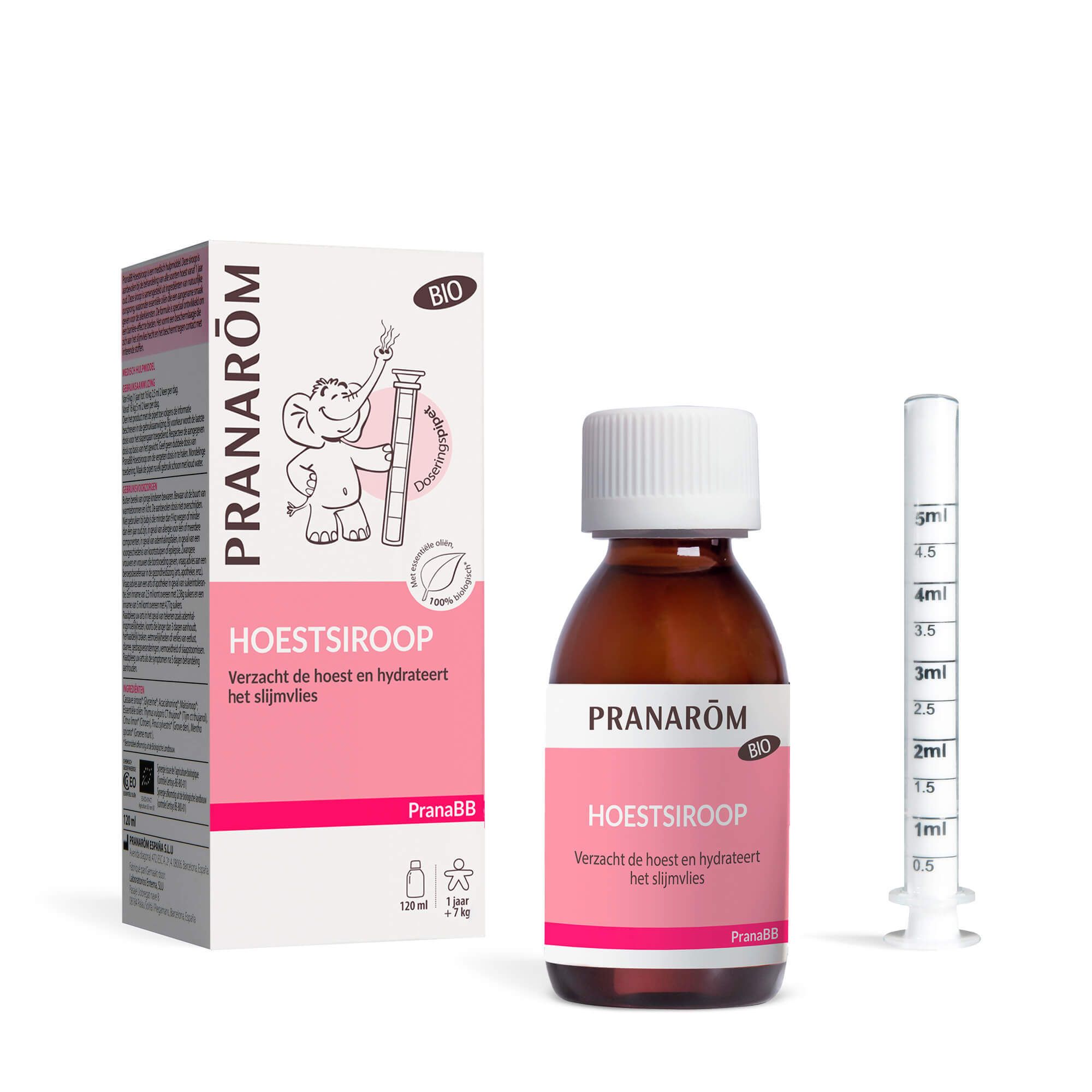 Fles en doos Pranarôm Sirop Toux. Met doseerspuit. Roze etiket, tekst in het Nederlands.