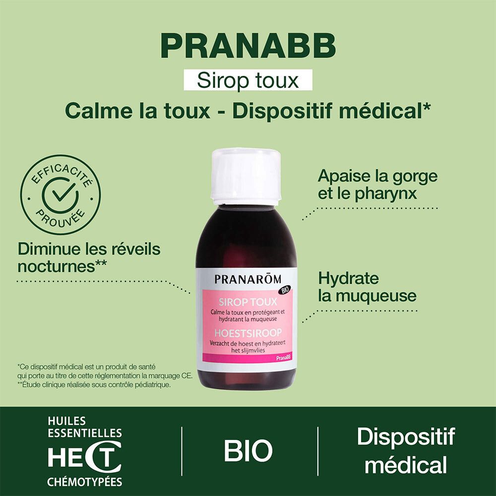 PranaBB Sirop Toux, fles. Groen-witte achtergrond. Tekst: Vermindert nachtelijk ontwaken, Verzacht de keel en farynx.