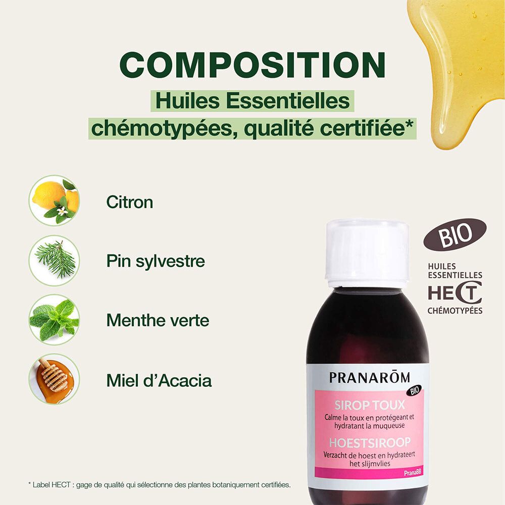 Ingrediënten: Citroen, Grove den, Groene munt, Acaciahoning. Fles PranaBB Sirop Toux. Groene achtergrond.