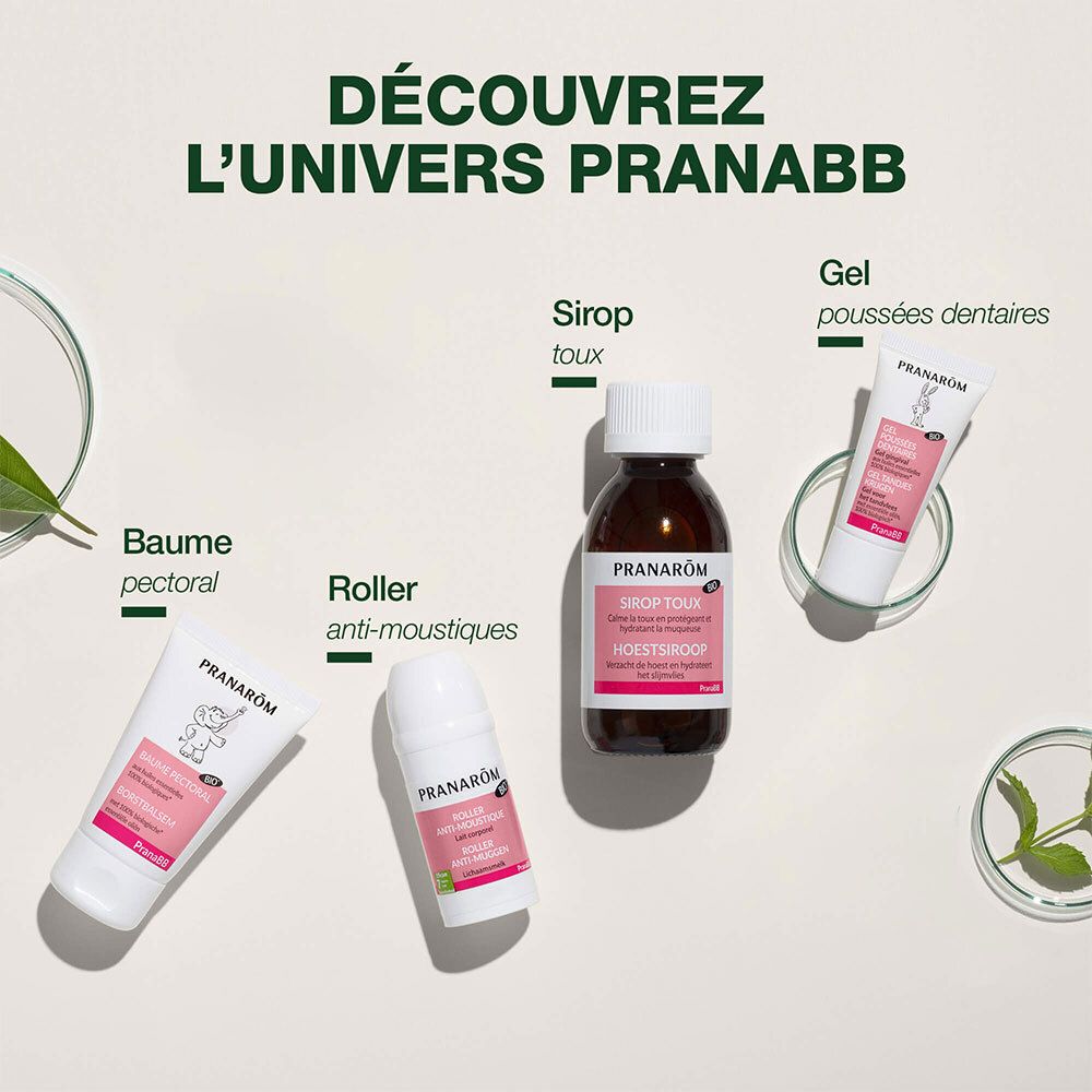 PranaBB productassortiment. Sirop Toux, Gel, Baume pectoral, Roller anti-moustiques. Verschillende verpakkingen.