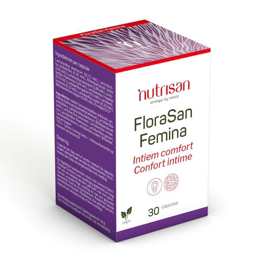 Productverpakking. Opschrift: FloraSan Femina. 30 capsules. Intiem comfort, Confort intime. Ingrediëntenlijst.