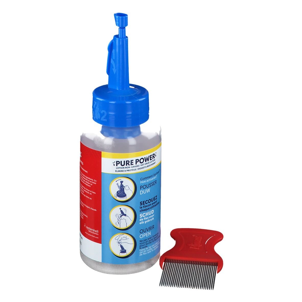 Flacon transparent, bouchon bleu, peigne rouge. Inscription Pure Power. Instructions.