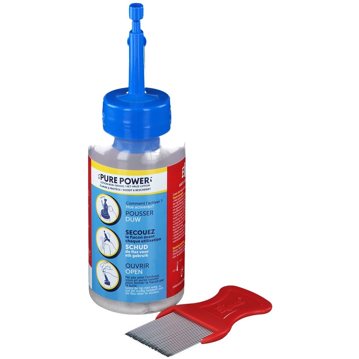 Flacon transparent, bouchon bleu, peigne rouge. Inscription Pure Power. Instructions.