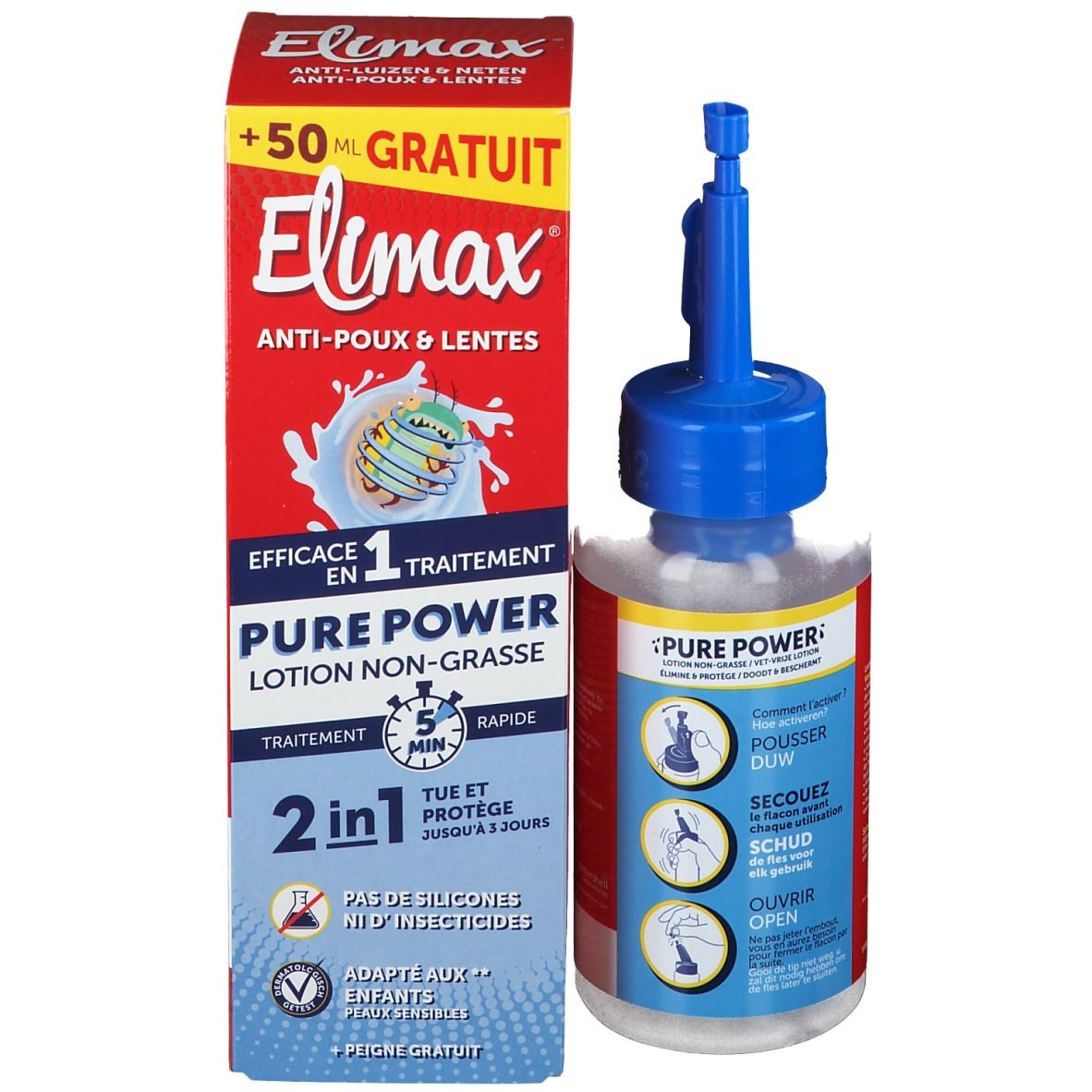 Boîte avec flacon et peigne. Inscription Elimax Anti-poux & lentes. Pure Power Lotion.