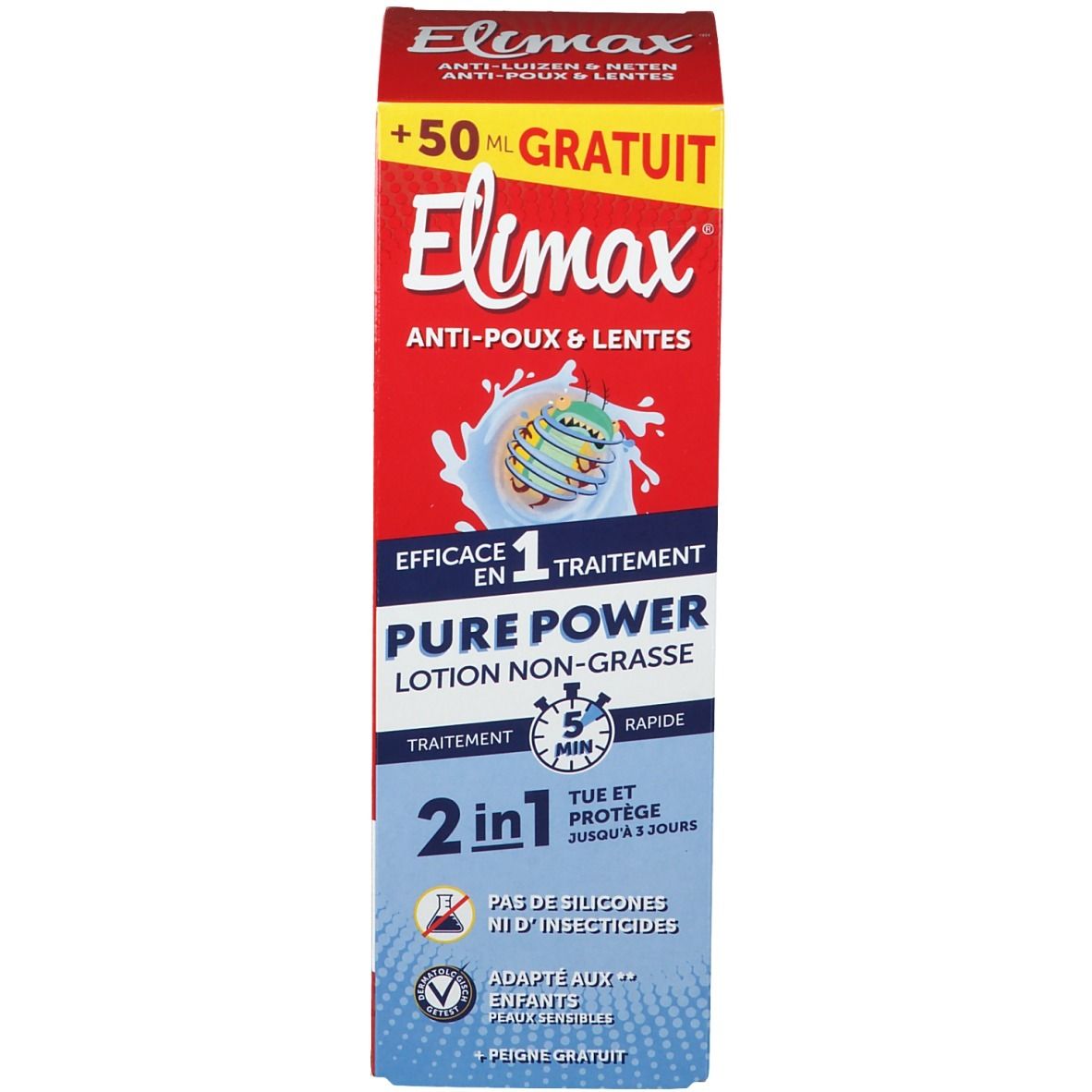 Boîte avec inscription: Elimax Anti-poux & lentes. Pure Power Lotion Non-Grasse. 2 en 1.