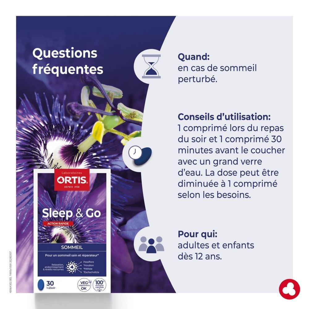 Boîte Ortis Sleep & Go de 30 comprimés, axée sur le sommeil.