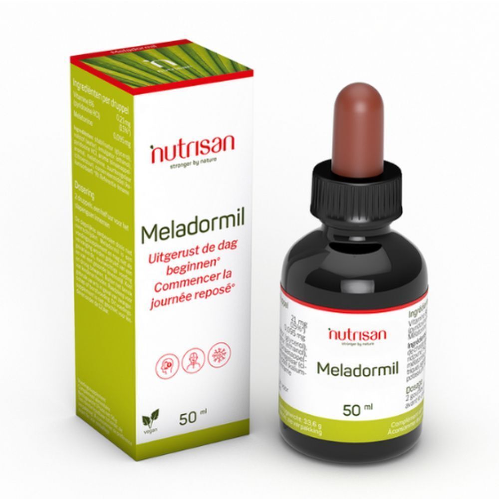 Boîte et flacon Nutrisan Meladormil. Flacon avec compte-gouttes. Emballage avec logo et nom du produit.