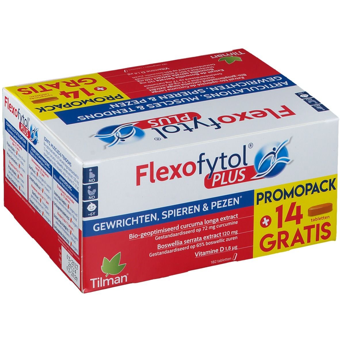 Boîte Flexofytol Plus. Contient 14 comprimés gratuits. Texte: Articulations, muscles & tendons. Marque: Tilman. Avec informations.