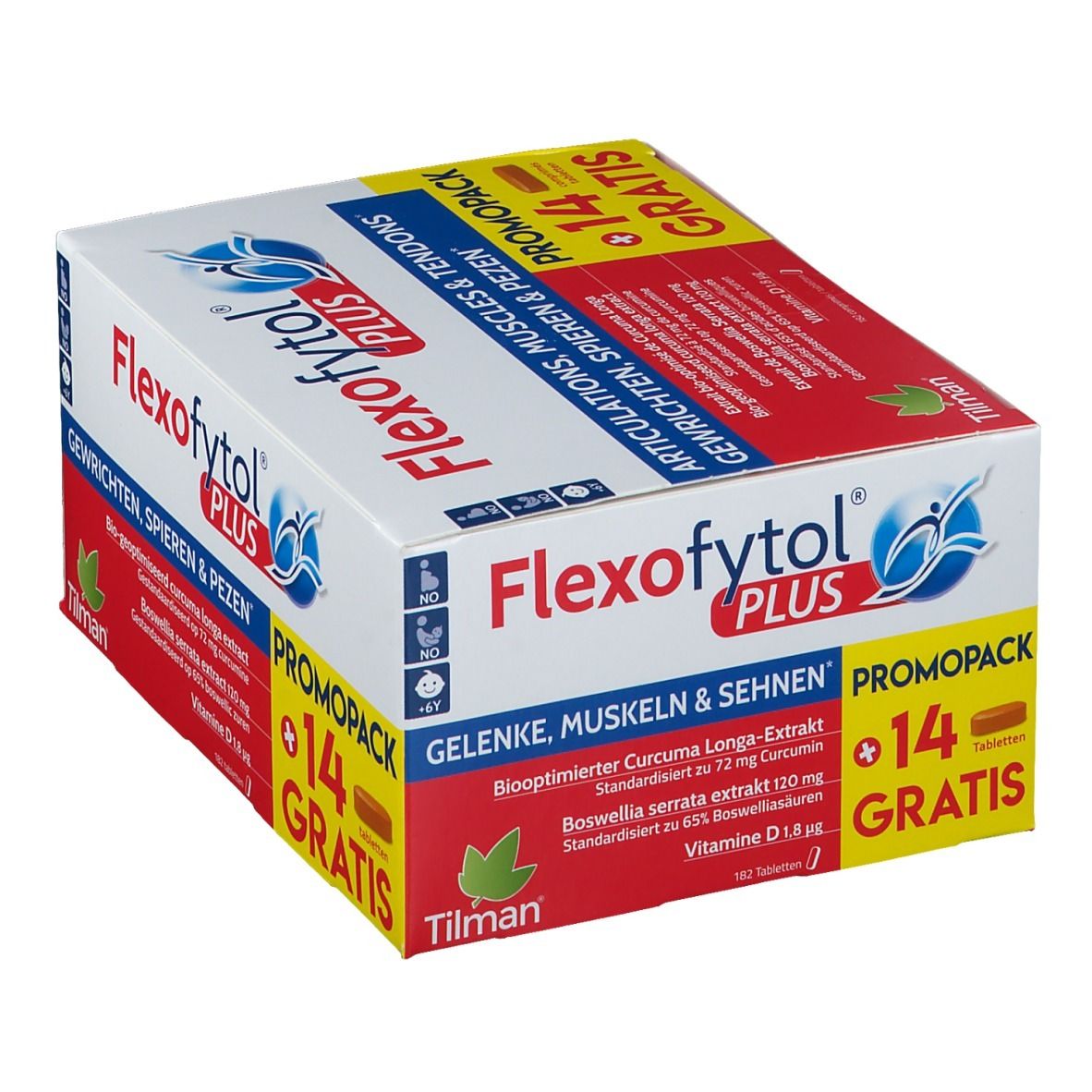 Boîte Flexofytol Plus. Contient 14 comprimés gratuits. Texte: Articulations, muscles & tendons. Marque: Tilman. Avec informations.