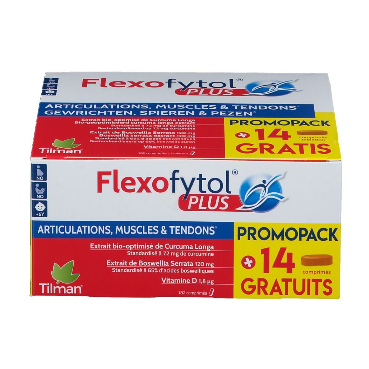 Boîte Flexofytol Plus. Contient 14 comprimés gratuits. Texte: Articulations, muscles & tendons. Marque: Tilman. Avec informations.