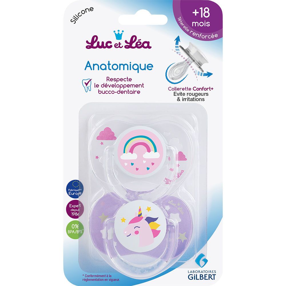 Luc et Léa 2 Sucettes anatomiques Licorne/Arc-en-ciel +18 mois avec anneau (Couleur non sélectionnable)