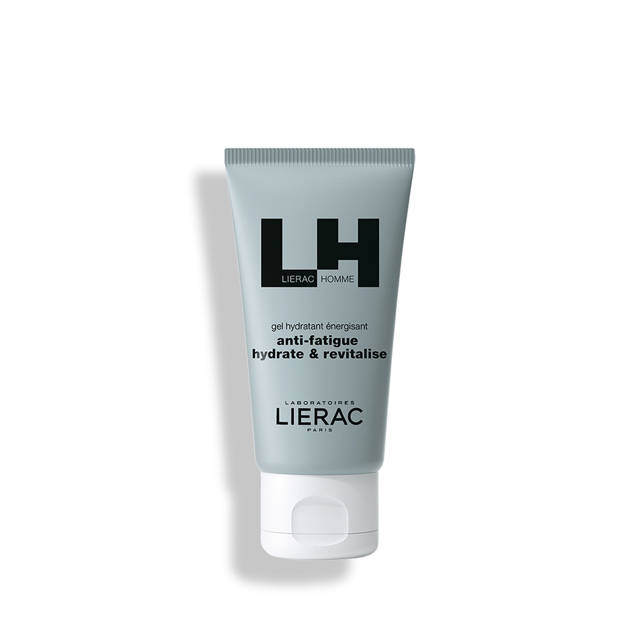Tube bleu clair avec impression noire LH LIERAC HOMME. Texte : Gel hydratant énergisant, anti-fatigue, hydrate & revitalise.