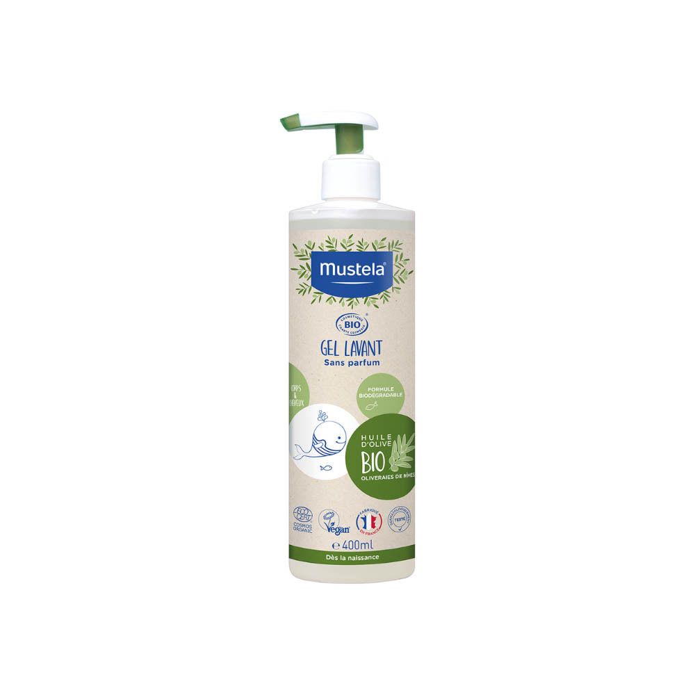 Mustela Gel Lavant zonder parfum, 400ml fles met pomp. Bio-gecertificeerd, vegan.