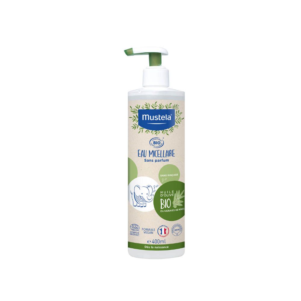 Mustela Eau Micellaire, zonder parfum. Fles met pomp. Vegan. Bio-certificering. 400ml.