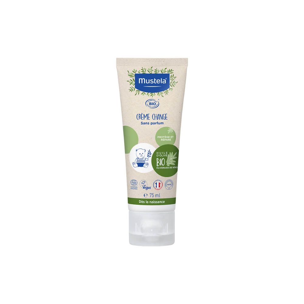 Mustela Bio-luiercrèmetube. Zonder parfum. Bio-gecertificeerd. Met olijfolie. Vegan. Voor baby's vanaf de geboorte.