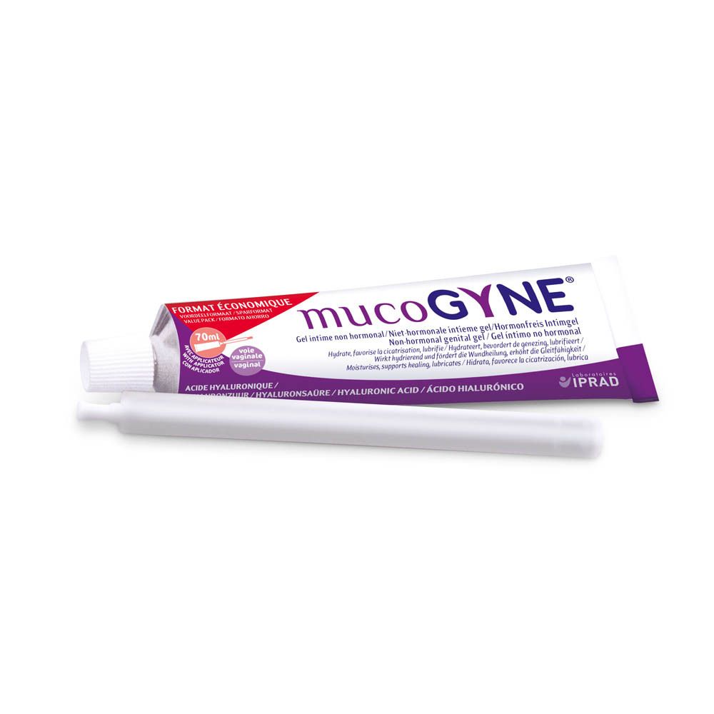 Tube et applicateur. Texte Mucogyne. Fond blanc.