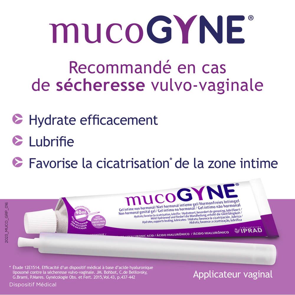 Boîte et tube Mucogyne. Texte et logo. Fond blanc.