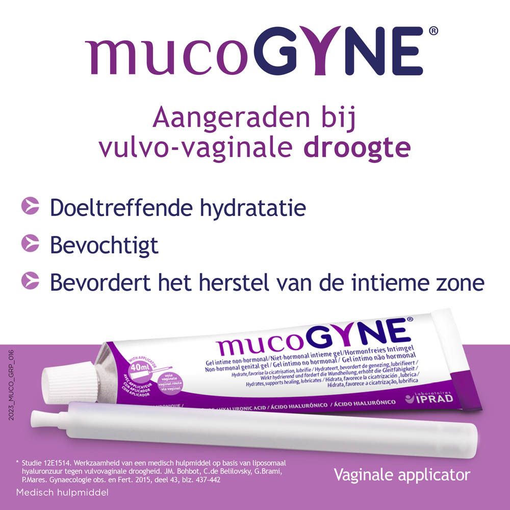 Verpakking Mucogyne. Tekst en logo. Witte achtergrond.